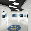 Modern Exhibition Hall Interior Design With Hexagonal Lighting Emblem And Screens 3d model