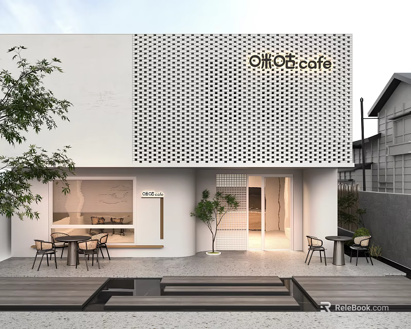 OIIO Cafe Modern White Perforated Storefront With Outdoor Tables Chairs And Tree 3d model 