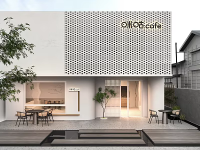 OIIO Cafe Modern White Perforated Storefront With Outdoor Tables Chairs And Tree 3d model