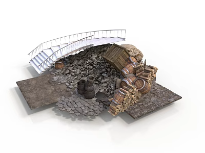Abandoned Old Car In Ruins With White Bridge Barrels And Stone Debris 3d model