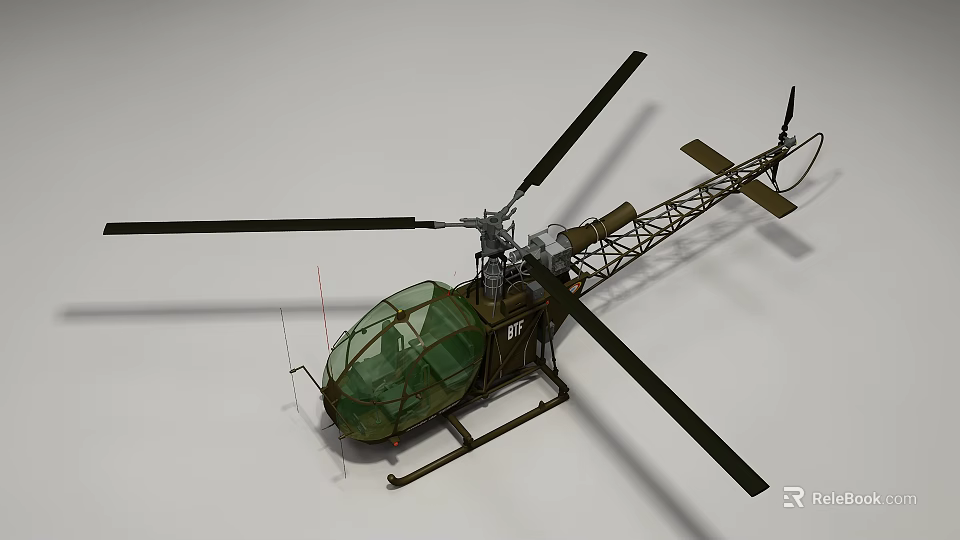 Detailed Green Canopy Helicopter Model With Rotor Blades And Metal Structure 3d model 