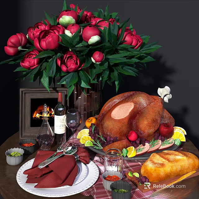 Festive Decorative Ornaments Set With Red Peonies Vase Roasted Turkey Wine Glasses Fruits And Tableware 3d model 