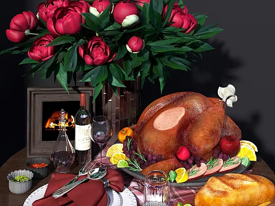 Festive Decorative Ornaments Set With Red Peonies Vase Roasted Turkey Wine Glasses Fruits And Tableware 3d model