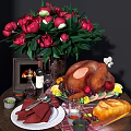 Festive Decorative Ornaments Set With Red Peonies Vase Roasted Turkey Wine Glasses Fruits And Tableware