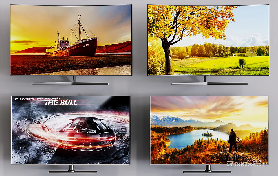 Slim Modern 4K UHD TV Displaying Sunset Autumn Racing and Lake Scenic Views 3d model 