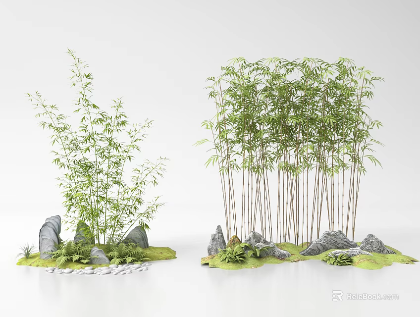 Bamboo Plants with Rocks and Green Grass in Natural Garden Landscape 3d model 