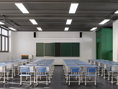 School Classroom Interior With Green Blackboards Blue Desks Chairs Ceiling Lights And Windows 3d model
