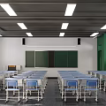 School Classroom Interior With Green Blackboards Blue Desks Chairs Ceiling Lights And Windows