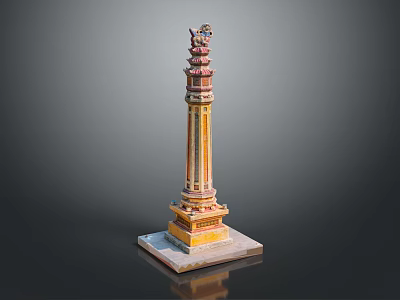Scenic View of Ancient Multi tiered Tower Featuring Yellow Red Facade Decorative Top Square Base 3d model