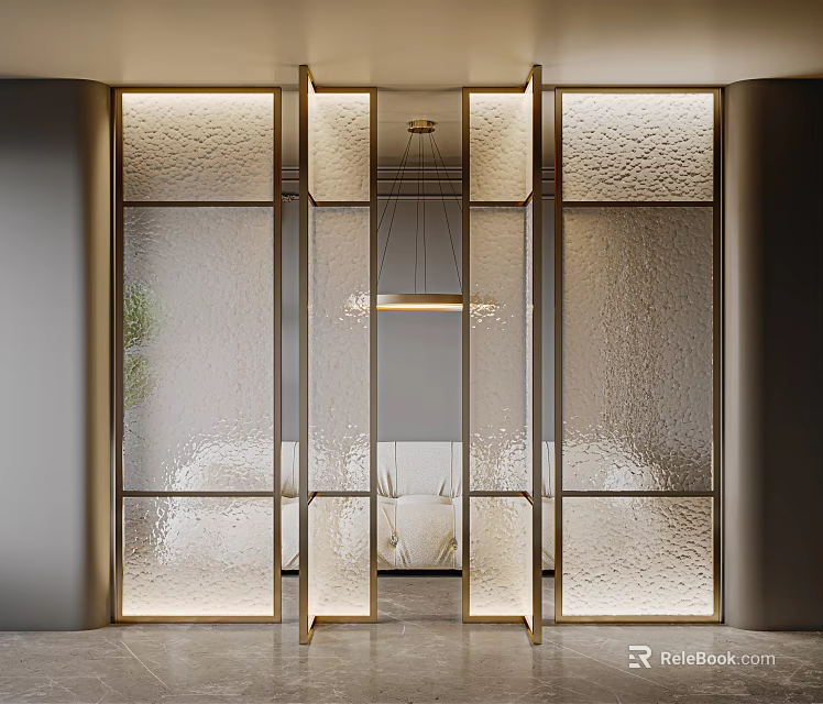 Modern Textured Glass Room Divider With Golden Frame And Illuminated Design 3d model 