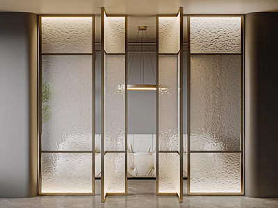 Modern Textured Glass Room Divider With Golden Frame And Illuminated Design 3d model