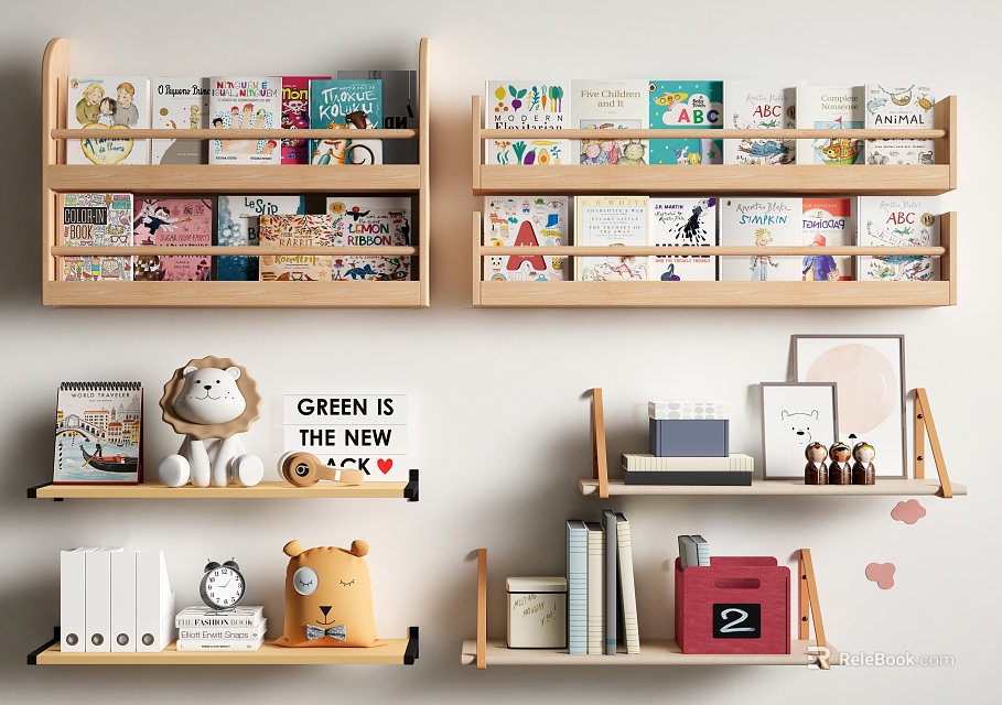 Cozy Home Wooden Bookshelves With Colorful Books Stuffed Toys And Decorations 3d model 