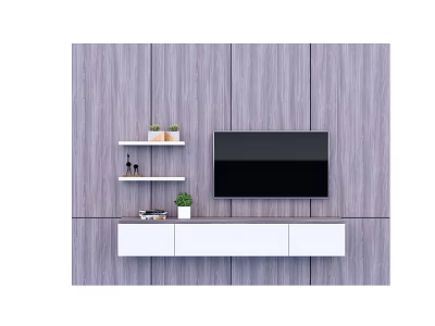 Purple Wooden Panel TV Wall with Black Screen White Cabinet and Decor Shelves 3d model