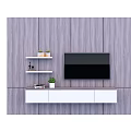 Purple Wooden Panel TV Wall with Black Screen White Cabinet and Decor Shelves