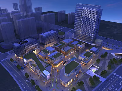 Birds Eye View Planning of Modern Urban Commercial District With High Rise Buildings and Green Spaces 3d model