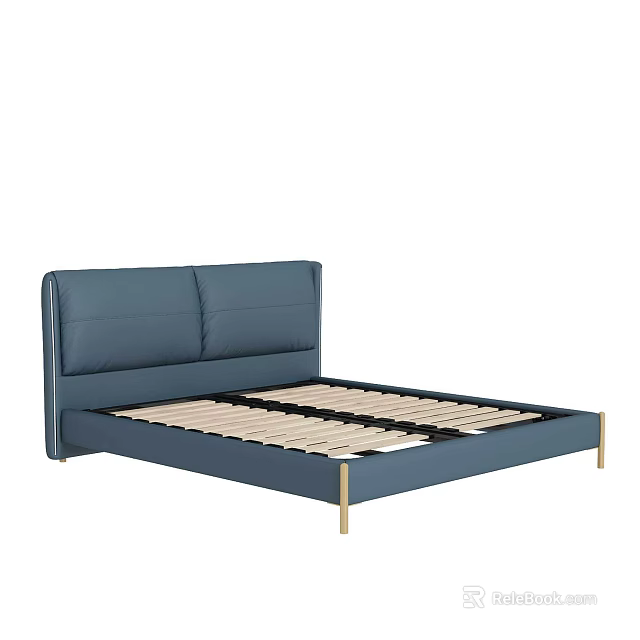 Modern Blue Leather Double Bed With Gold Legs And Wooden Slats 3d model 