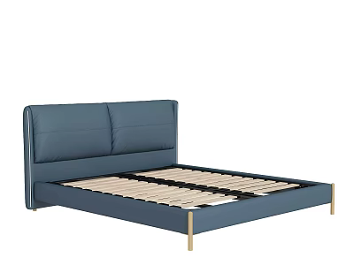Modern Blue Leather Double Bed With Gold Legs And Wooden Slats 3d model