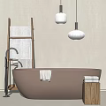 Modern Brown Bathtub With Wooden Ladder White Towel And Pendant Lights