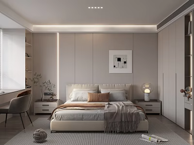 Modern Minimalist Bedroom Interior Featuring Large Bed Bedside Tables Lamp Desk Chair And Potted Plant 3d model