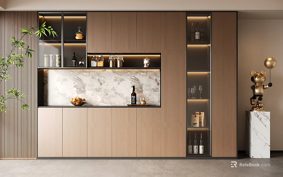 Modern Wooden Wine Cabinet With Marble Backdrop LED Lighting And Wine Storage 3d model 