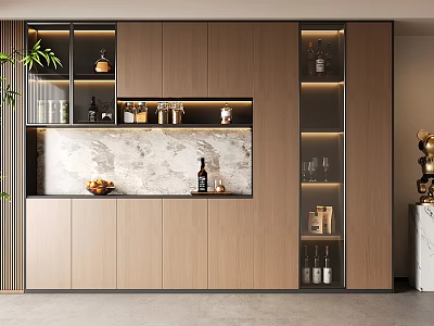 Modern Wooden Wine Cabinet With Marble Backdrop LED Lighting And Wine Storage 3d model