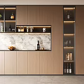 Modern Wooden Wine Cabinet With Marble Backdrop LED Lighting And Wine Storage