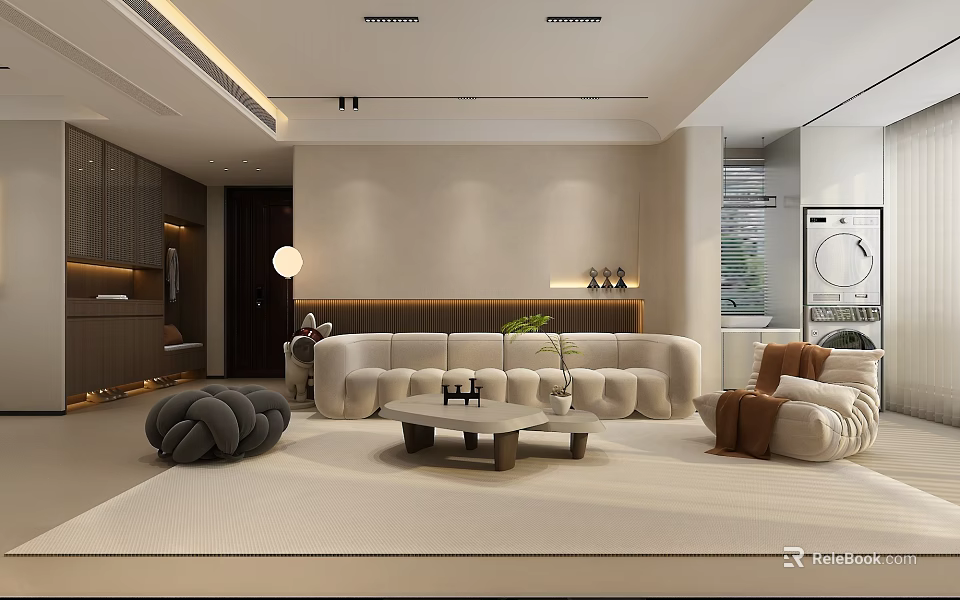 Modern Living Dining Room Interior With Beige Sofa Coffee Table And Area Rug 3d model 