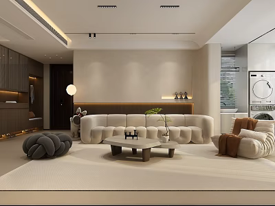 Modern Living Dining Room Interior With Beige Sofa Coffee Table And Area Rug 3d model