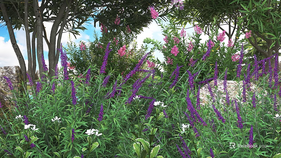 Lush Flowering Bushes with Purple Pink and White Blooms Surrounded by Trees Under Clear Sky 3d model 