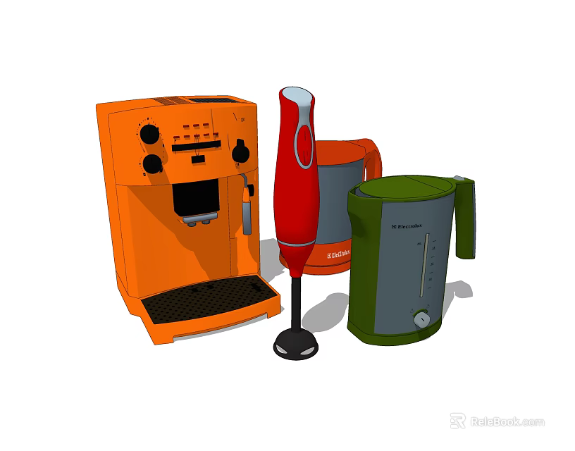 Modern Daily Electrical Appliances Featuring Orange Coffee Machine Red Hand Blender And Green Electric Kettle 3d model 
