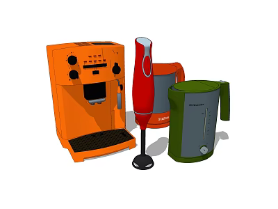 Modern Daily Electrical Appliances Featuring Orange Coffee Machine Red Hand Blender And Green Electric Kettle 3d model