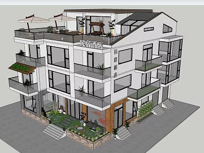 Modern Boutique Guesthouse Building with Multiple Balconies Large Glass Windows Outdoor Garden and Stone Steps 3d model