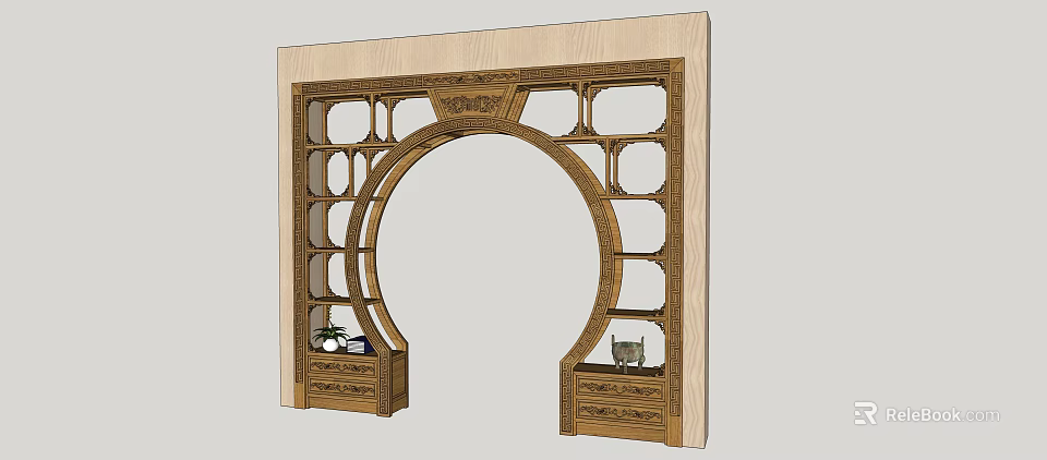 Chinese Curio Shelf with Circular Arch Design Multiple Wooden Layers Drawers and Decorative Carvings 3d model 
