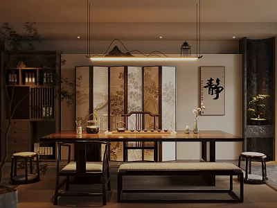 New Chinese-style Tea Room Tea House Solid Wood Tea Table and Chair Combination Tea Brew Table Tea Area Tea Cabinet Screen Chandelier Low Stool Decorative Painting 3d model