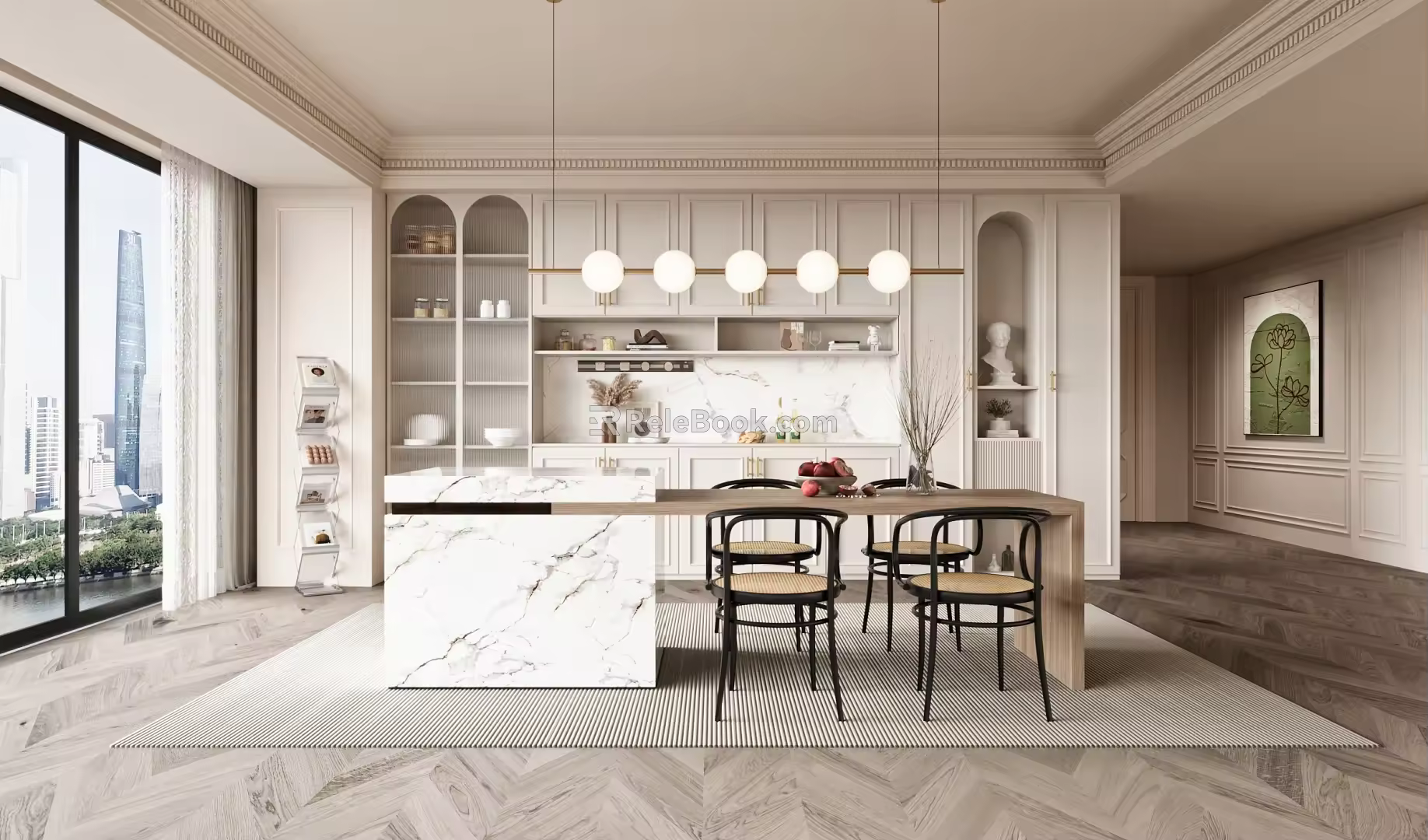 Cream Style Restaurant Wine Cabinet Bar Table and Chair Bar Chandelier Single Chair Picture Bookshelf 3d model