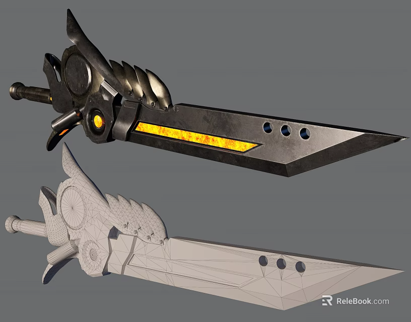Mechanical Sword Weapon With Glowing Yellow Blade And Wireframe Model Design 3d model