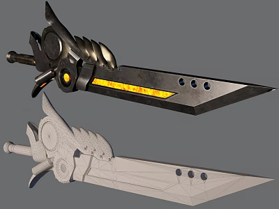 Mechanical Sword Weapon With Glowing Yellow Blade And Wireframe Model Design 3d model