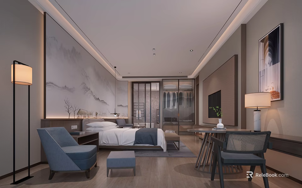 Elegant Modern Hotel Guest Room Interior With Bed Chair Table And Decorative Lighting 3d model 