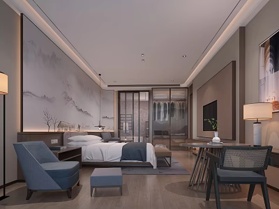 Elegant Modern Hotel Guest Room Interior With Bed Chair Table And Decorative Lighting 3d model