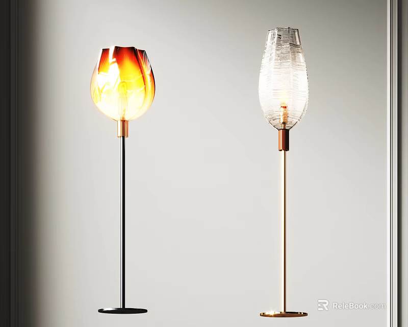 Modern Interior With Two Floor Lamps Featuring Orange And Clear Glass Shades And Metal Stands 3d model 