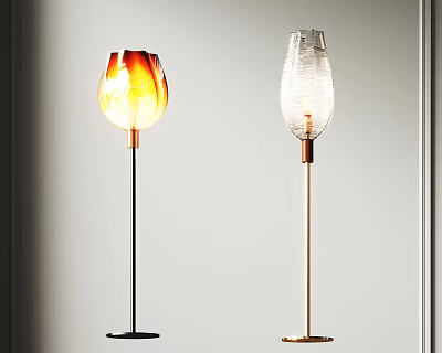Modern Interior With Two Floor Lamps Featuring Orange And Clear Glass Shades And Metal Stands 3d model