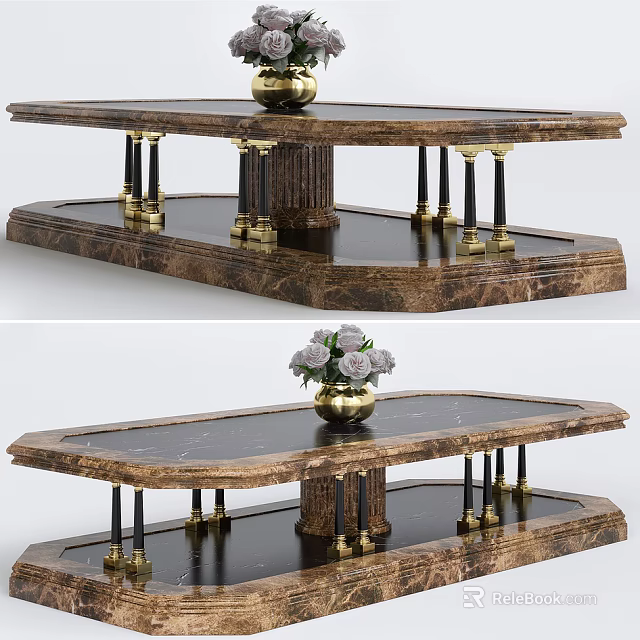 Elegant Luxury Coffee Table with Marble Top Gold Black Column Legs and Decorative Vase on Surface 3d model 