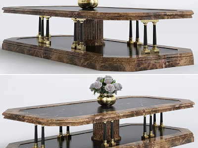 Elegant Luxury Coffee Table with Marble Top Gold Black Column Legs and Decorative Vase on Surface 3d model