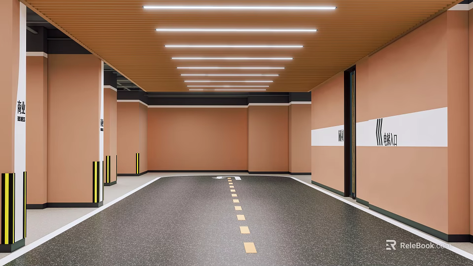 Spacious Indoor Parking Lot With Brown Walls Ceiling Lights Exit Sign And Yellow Floor Lines 3d model 