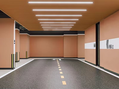 Spacious Indoor Parking Lot With Brown Walls Ceiling Lights Exit Sign And Yellow Floor Lines 3d model