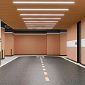 Spacious Indoor Parking Lot With Brown Walls Ceiling Lights Exit Sign And Yellow Floor Lines