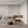 Modern Bedroom Interior With Grey Bed Wooden Nightstand Pendant Light And Area Rug