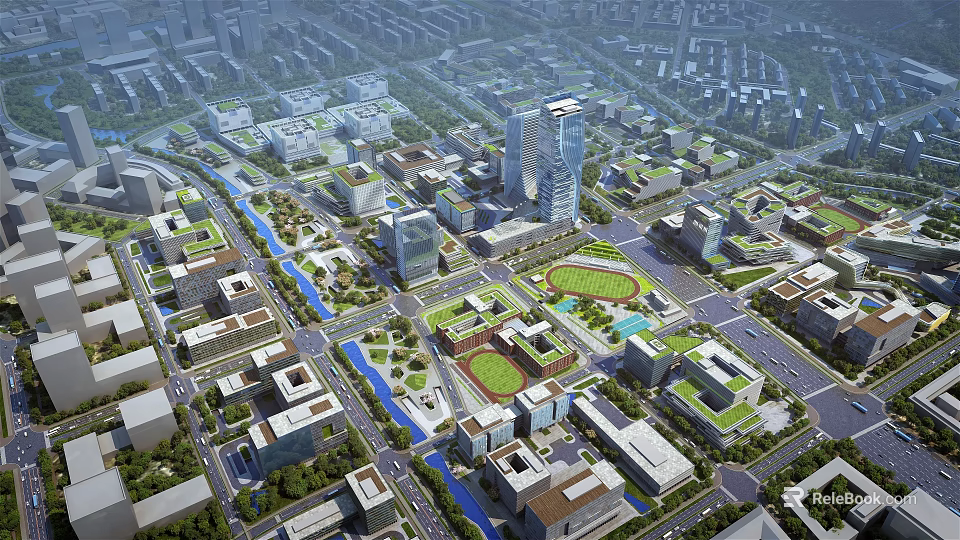 Aerial View Urban Planning With High Rise Buildings Green Spaces Road Networks And Waterways 3d model 