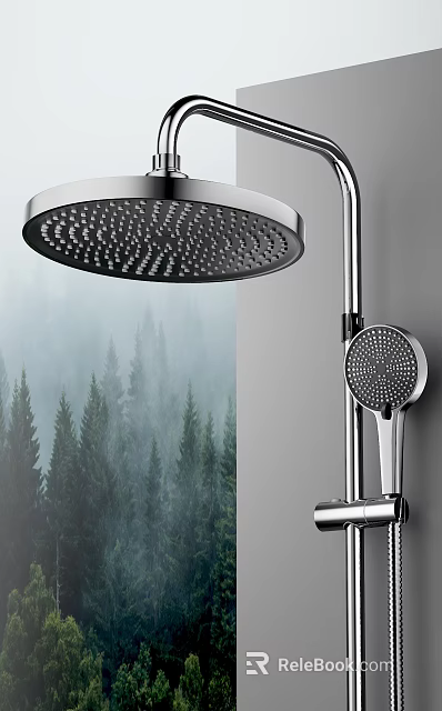Modern Chrome Round Shower Head with Overhead and Handheld Spray Nozzle Design 3d model 