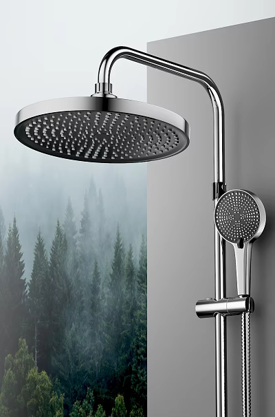 Modern Chrome Round Shower Head with Overhead and Handheld Spray Nozzle Design 3d model